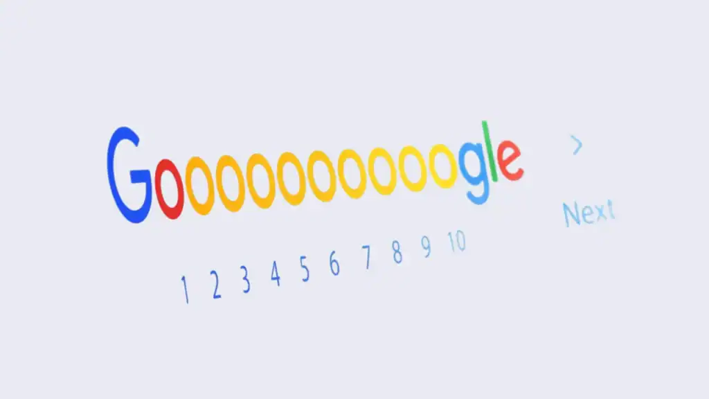 Google Search pagination showing only 10 results per page after removal of num=100 parameter, illustrating the impact on keyword reporting tools.