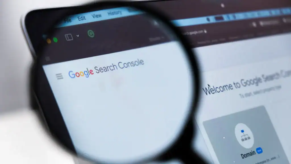 Magnified view of the Google Search Console homepage on a laptop screen, illustrating ongoing reporting delays that affect SEO analytics and digital marketing performance tracking.