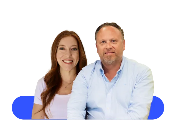 Ben and Krista, Heads of Partnerships at Online Marketing Gurus, smiling together against a white background with a blue accent shape.