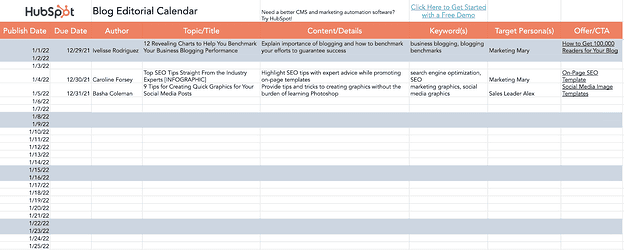 Content Calendar Template by Hubspot