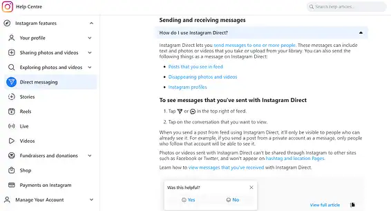 Image showing an example from Instagram's help center
