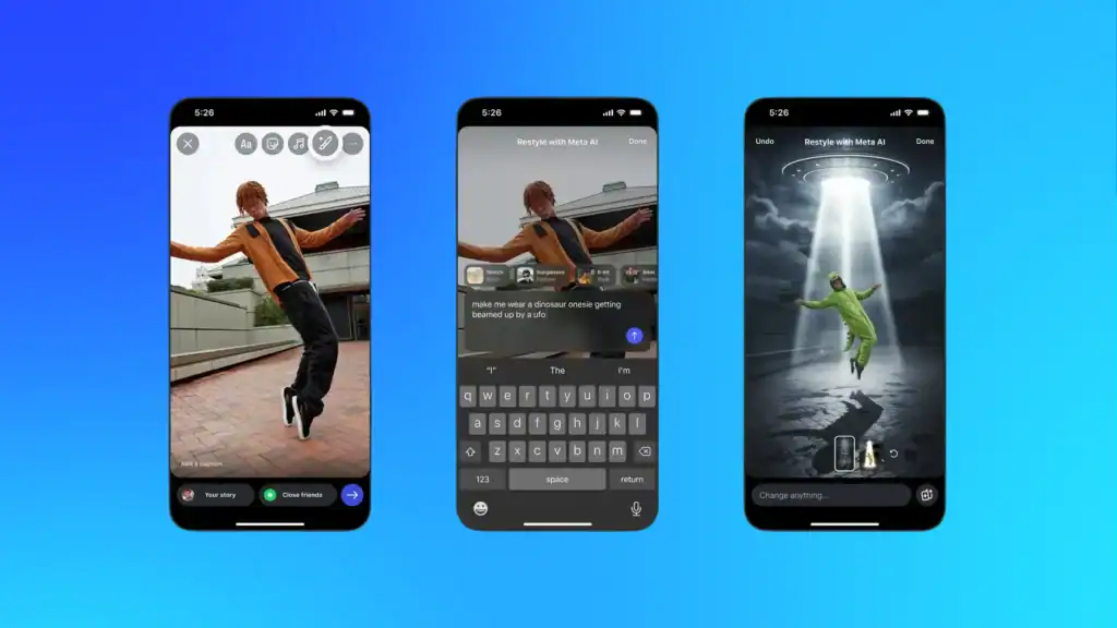 Three smartphone screens displaying Instagram’s AI-powered “Restyle” feature, transforming a user’s Story through generative edits such as outfit and background changes, showcasing creative innovation in social media marketing.