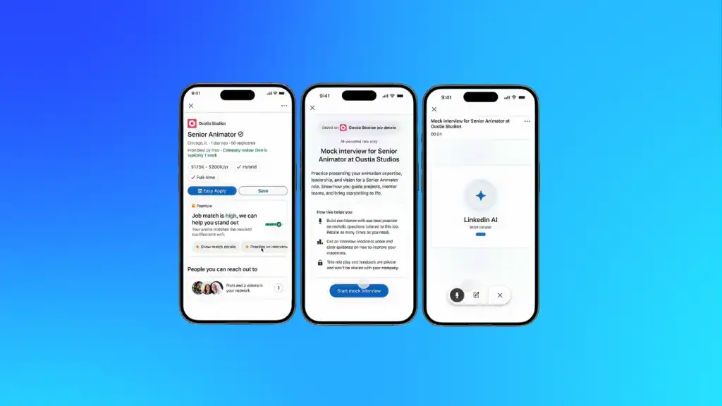 3 phone screens showing new LinkedIn features