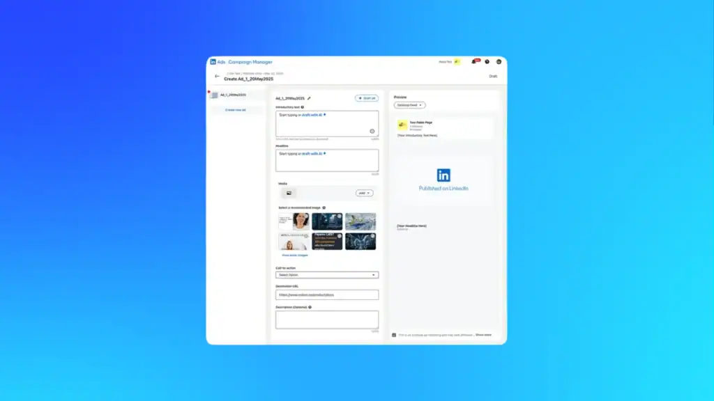 LinkedIn Campaign Manager interface showing AI-generated ad copy and audience targeting tools for small business advertising.