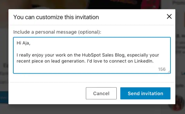 Image showing an example of a custom invitation on linkedin