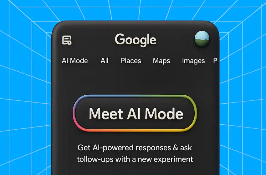 Google AI Mode interface with glowing button, futuristic blue grid background, promoting AI-powered search and interactions