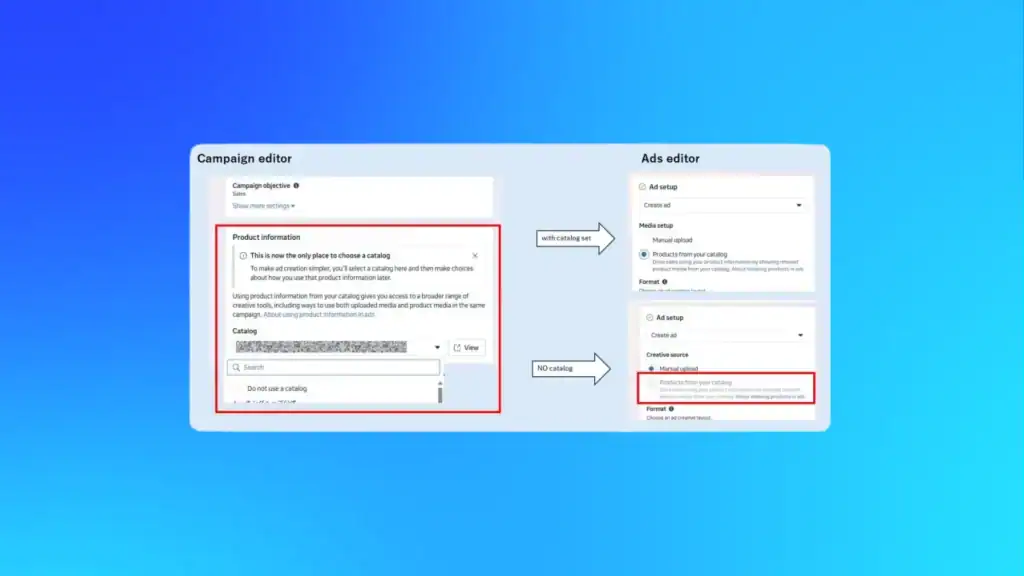 Meta Ads campaign editor highlighting the new product catalog assignment process at the campaign level, impacting eCommerce ad setup and optimisation strategies for digital marketers.