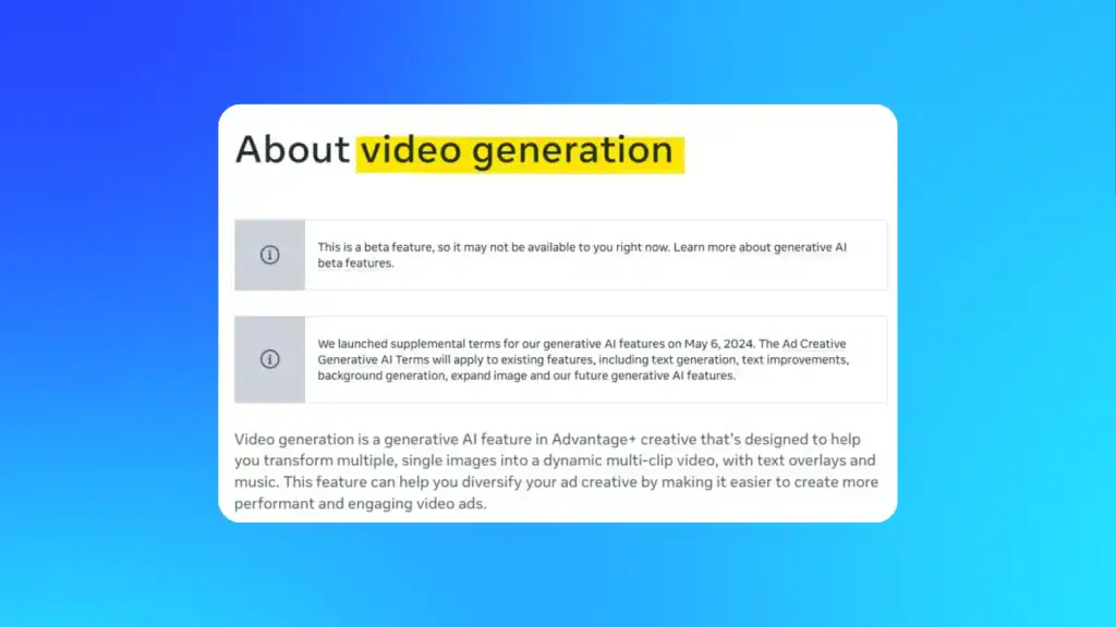 Meta Ads help page outlining details of the beta Video Generation feature using AI to create automated ad videos from static images.