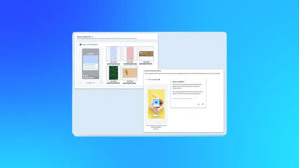 Meta Ads interface showcasing the new “Show Spotlights Advantage” feature and creative enhancement tools designed to boost Instagram Story ad performance in digital marketing campaigns.