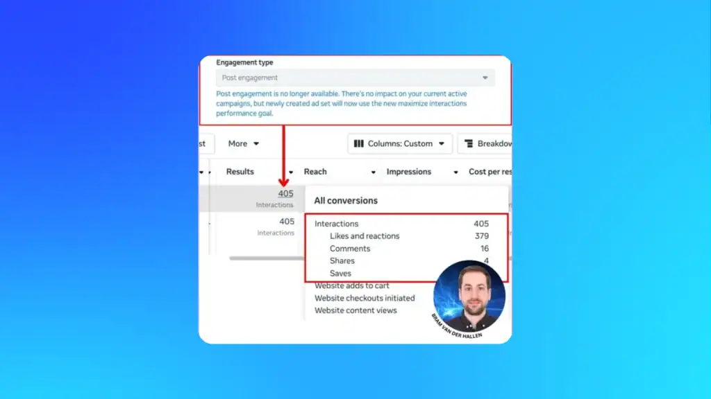 Meta Ads dashboard showing updated engagement type metrics where Post Engagement is replaced by Interactions for ad reporting.
