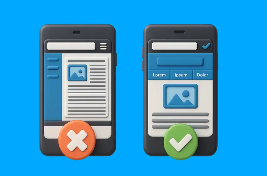 comparing non-mobile-friendly and optimised website designs on smartphones, highlighting user experience improvements for responsive SEO