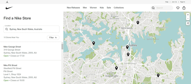 Map Nike’s different stores in Sydney AU