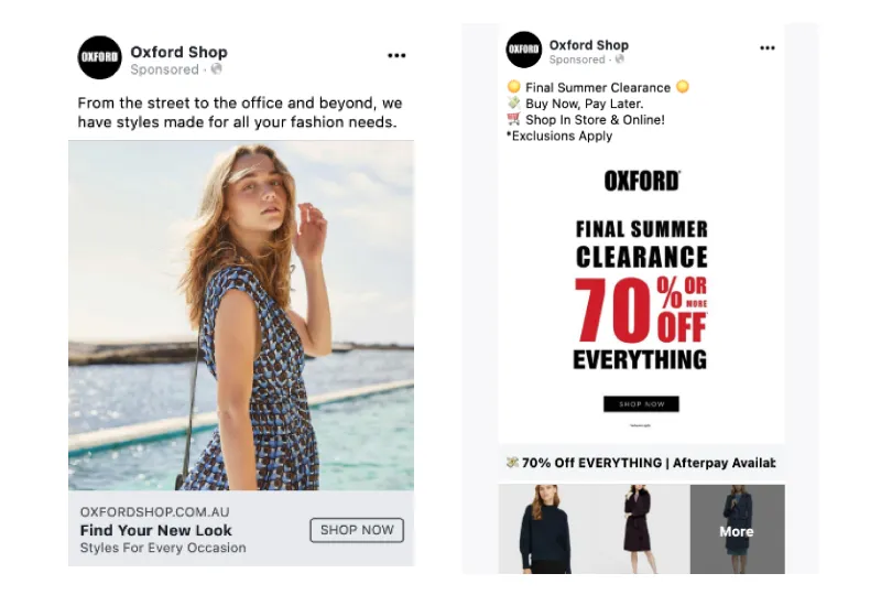 Oxford top performing Meta social ad creatives fashion brand