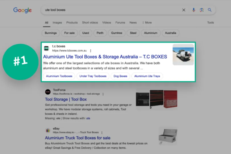 Google search results screenshot showing TC Boxes ranking number one for ute tool boxes keyword