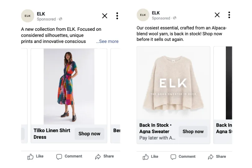 Top performing Meta social ad creatives driving conversions for Elk fashion brand
