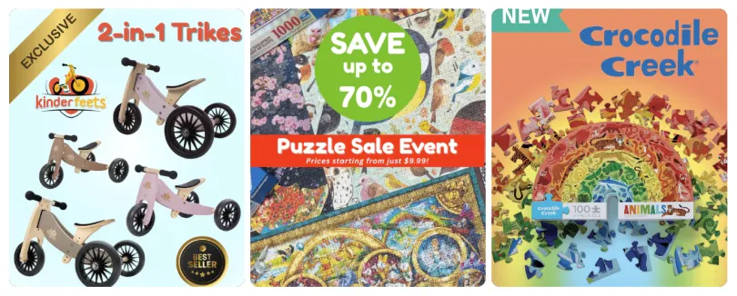 Discount Toy Co product tiles featuring Kinderfeets trikes, puzzle sale and Crocodile Creek range
