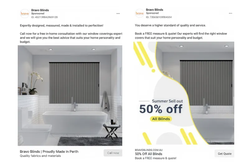 Bravo Blinds and Shutters top performing Meta social ad creatives window furnishings brand
