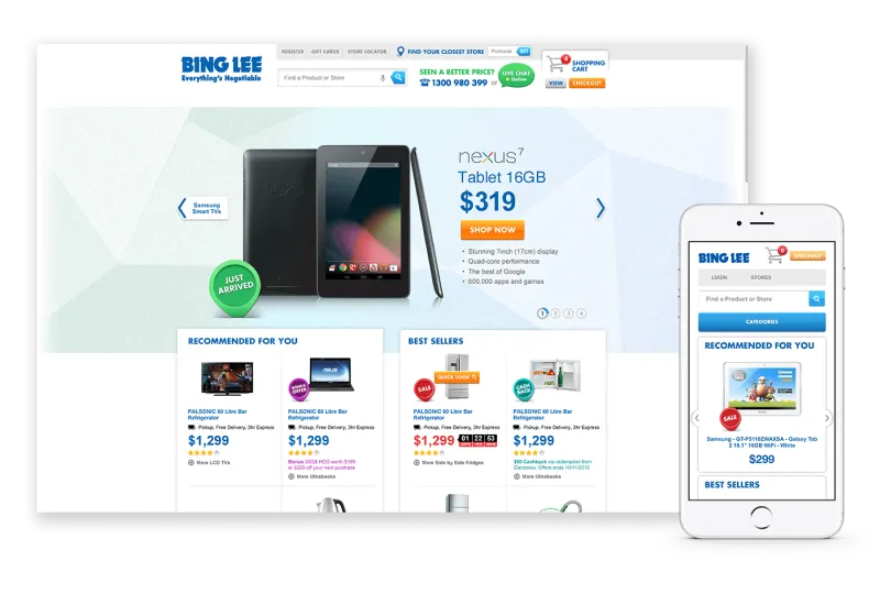 Bing Lee ecommerce website homepage shown on desktop and mobile