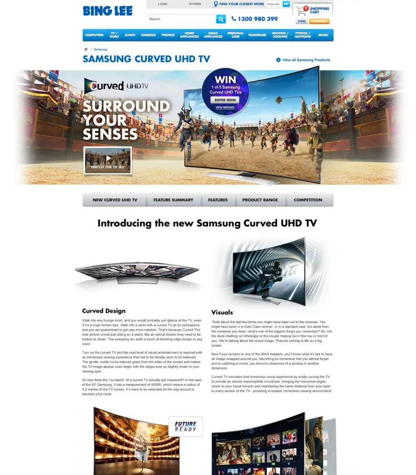 Bing Lee Samsung Curved UHD TV product landing page