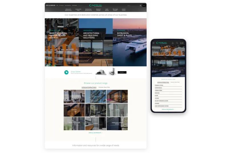 Capral Aluminium website shown on desktop and mobile, featuring the business capability sections for Manufacturing and Value Add Services, Architectural and Building Solutions, and Extrusion, Sheet & Plate, alongside the product range browsing area.