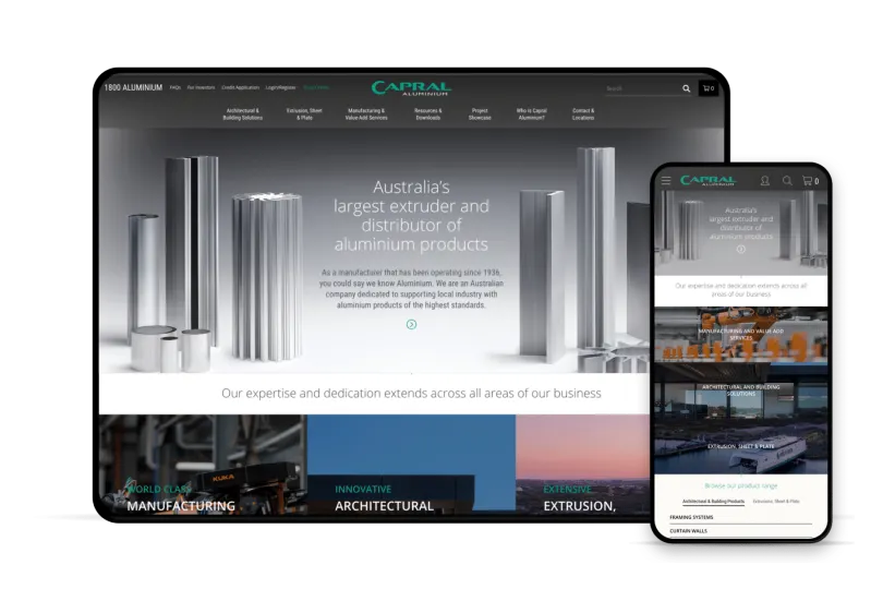 Capral Aluminium case study hero image announcing the new website launch, with the Capral logo, tagline "Australia's Largest Aluminium Manufacturer & Distributor" and the capral.com.au URL on a teal geometric background.