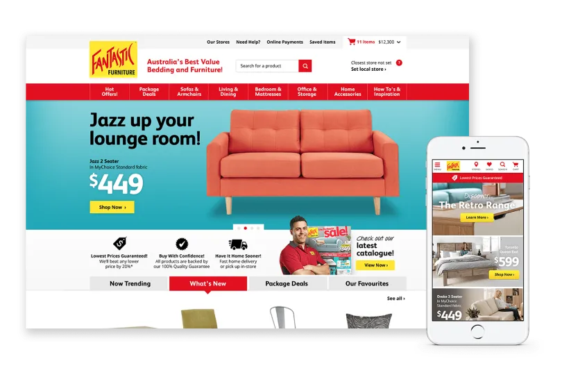 Fantastic Furniture website homepage shown on desktop and mobile, featuring the Jazz 2 Seater lounge at $449, trust badges for lowest price guarantee and home delivery, and a mobile view of the Retro Range collection.