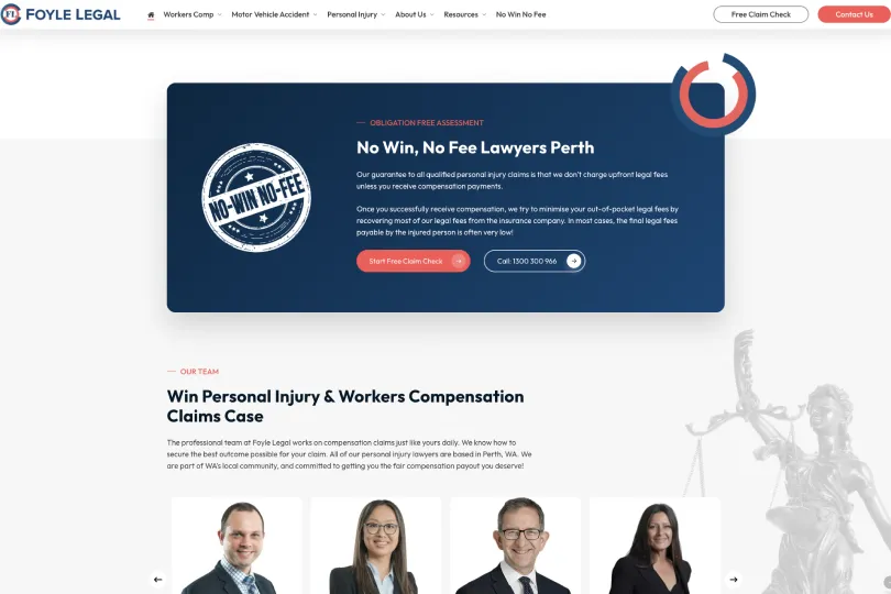 Foyle Legal No Win No Fee assessment section alongside the personal injury and workers compensation claims team profiles