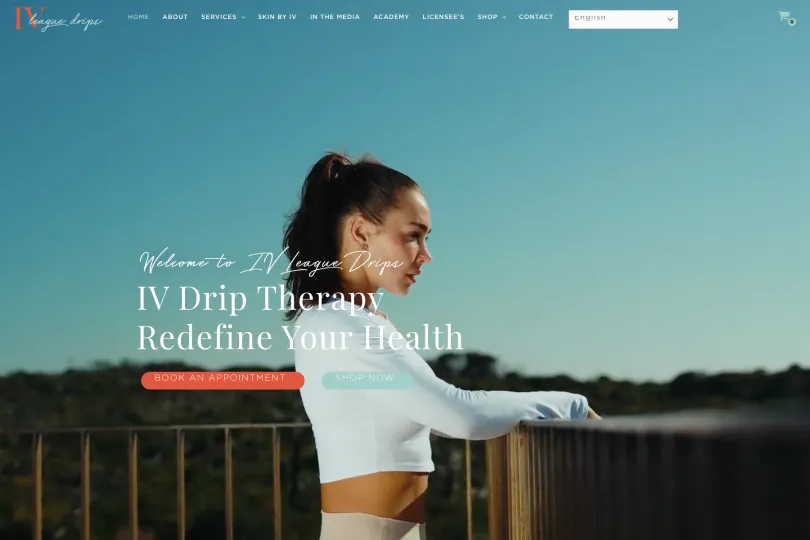 IV League Drips homepage hero section on desktop