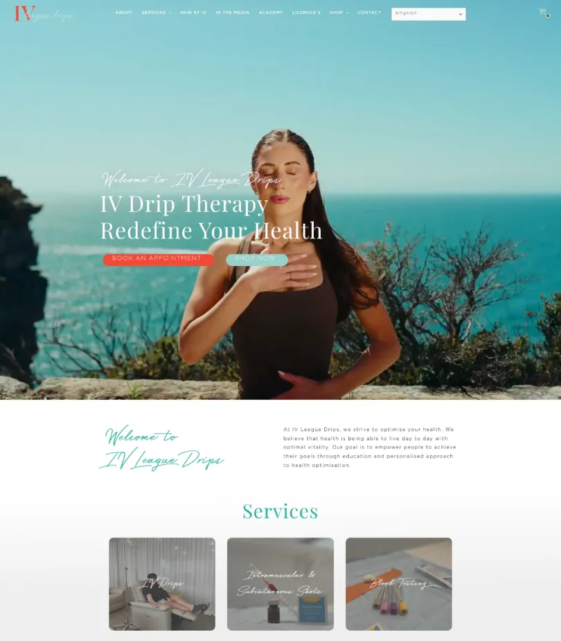 IV League Drips homepage showing services section on desktop