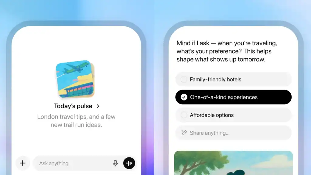 ChatGPT Pulse interface displaying AI-generated daily briefs with campaign metrics for digital marketing teams