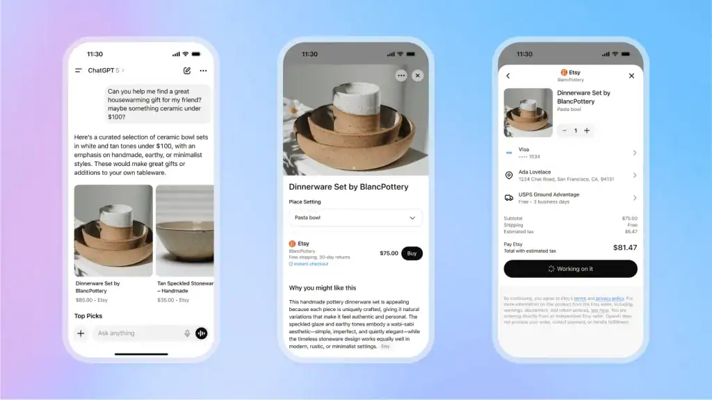 Mobile screen of ChatGPT displaying AI shopping checkout with product listings and instant purchase options.