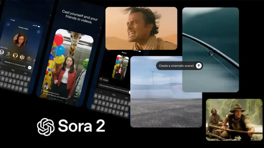 Multiple phone screens showing AI-generated video clips created using OpenAI Sora 2, highlighting advanced AI video production.
