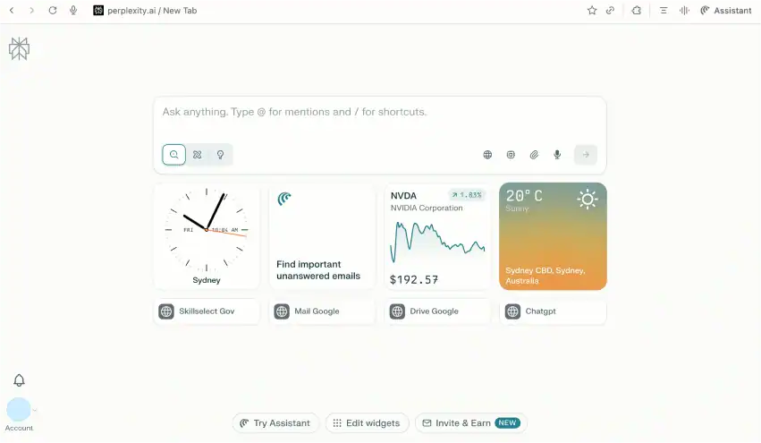 Perplexity AI browser home screen showing widgets for time, weather, stock updates, and email shortcuts, illustrating the Comet AI Browser interface.