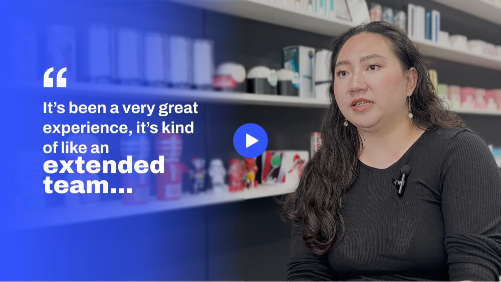 Video testimonial poster featuring the TENGA client representative with the quote "It's been a very great experience, it's kind of like an extended team..." overlaid on a blue gradient.