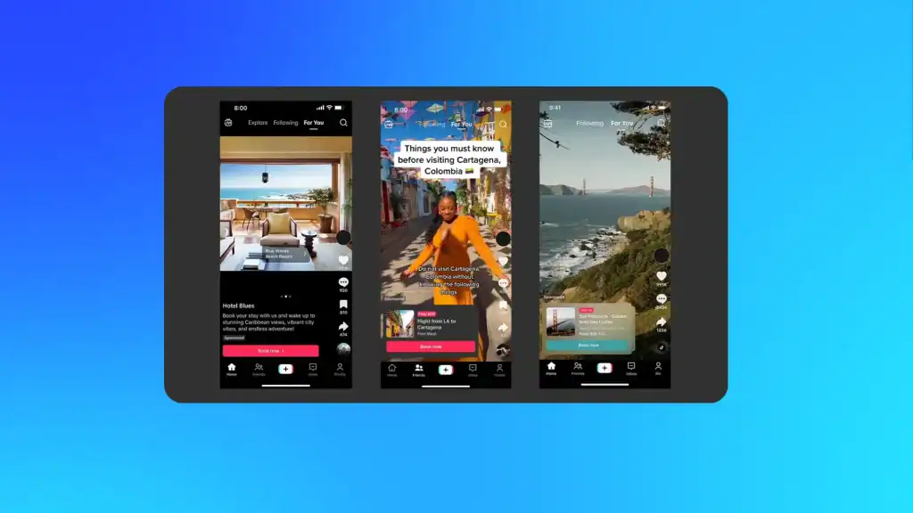TikTok interface displaying travel ads for hotels and destinations, showing new TikTok advertising formats for tourism brands.