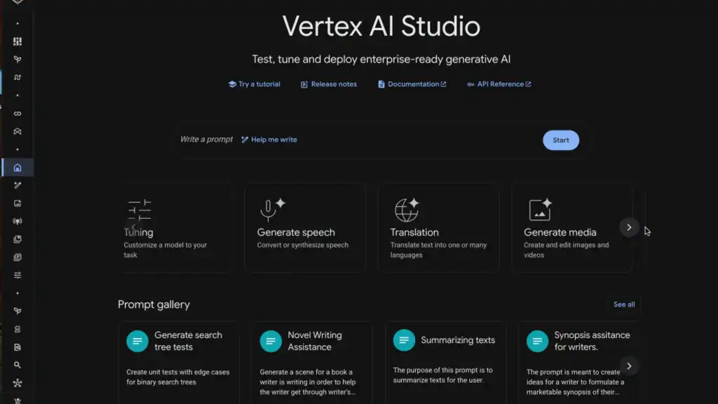 Screenshot of Google Vertex AI Studio dashboard displaying options to generate speech, translate text, and create media, highlighting tools that enable generative AI and automation in SEO and content marketing.