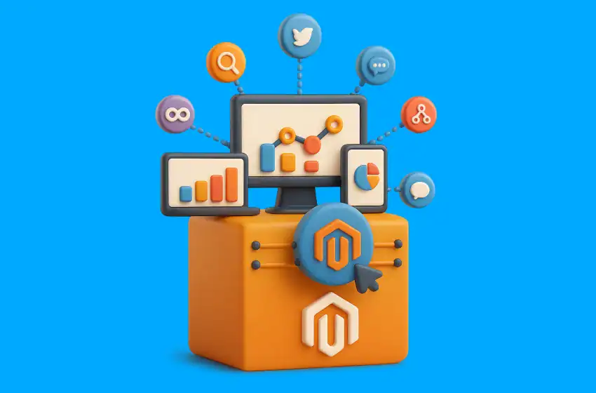 3D illustration of Magento platform showcasing eCommerce tools, analytics, and integrations for building, managing, and scaling online stores