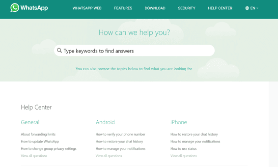 Image showing an example of a faq page from whatsapp