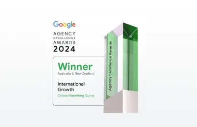 Google Agency Excellence Awards 2024 Winner badge for International Growth across Australia and New Zealand, awarded to Online Marketing Gurus