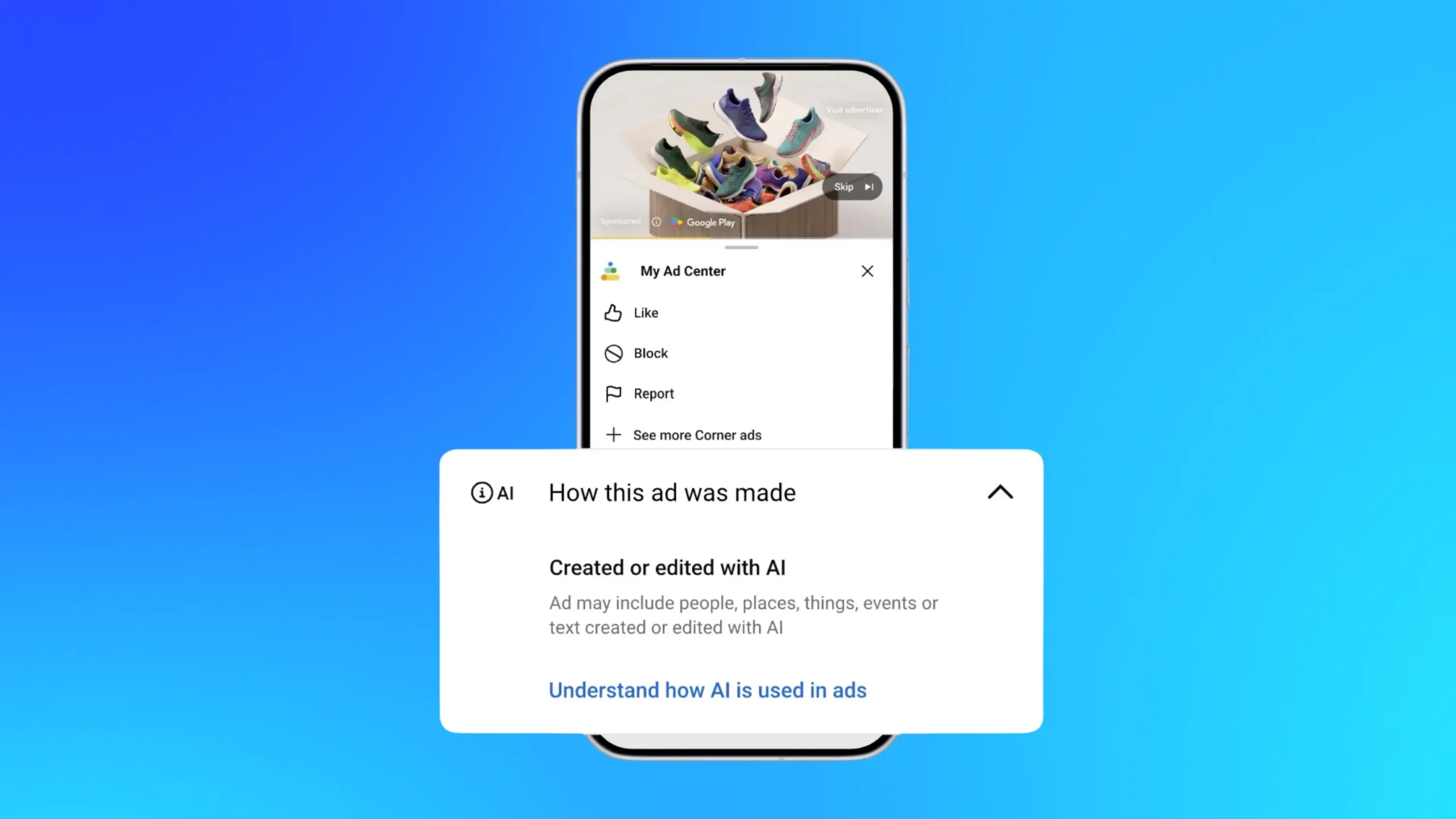 Google Ads "How this ad was made" panel showing the new "Created or edited with AI" transparency label