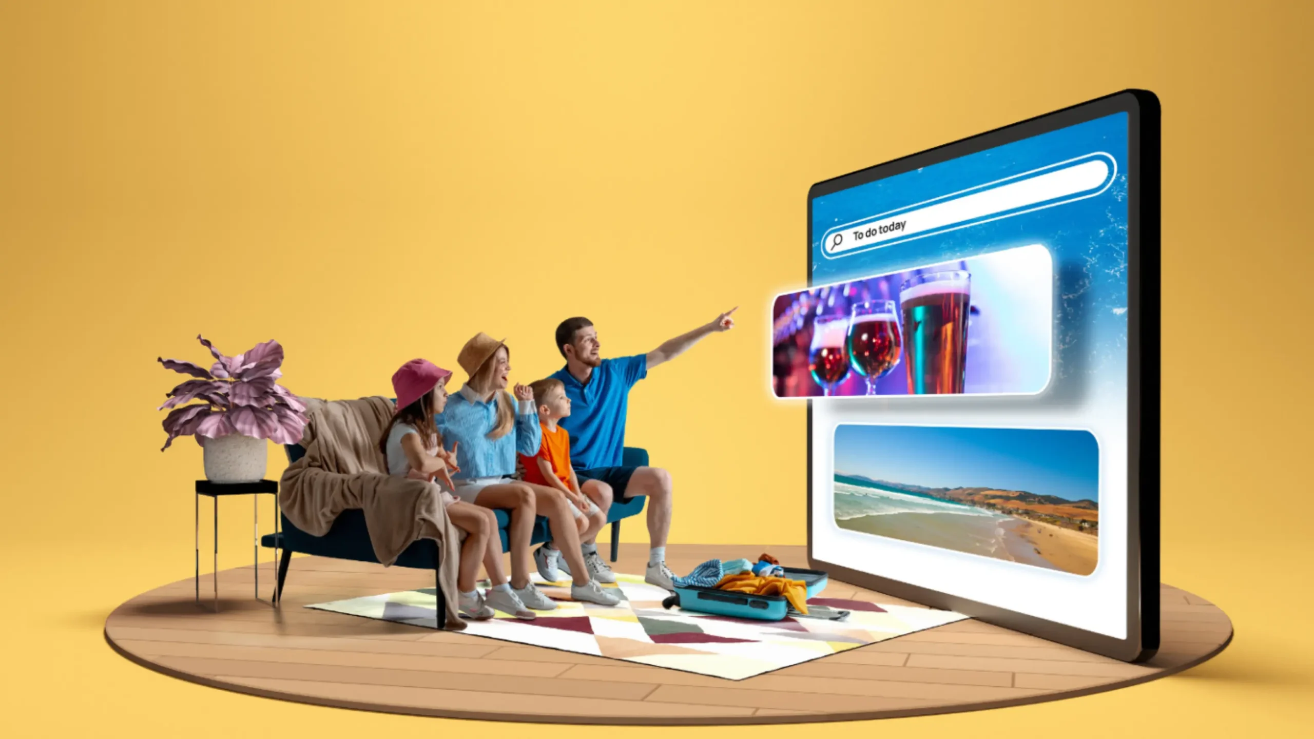 Family planning a trip on a large Search screen, illustrating the Google Ads travel search beta for Things To Do and Events