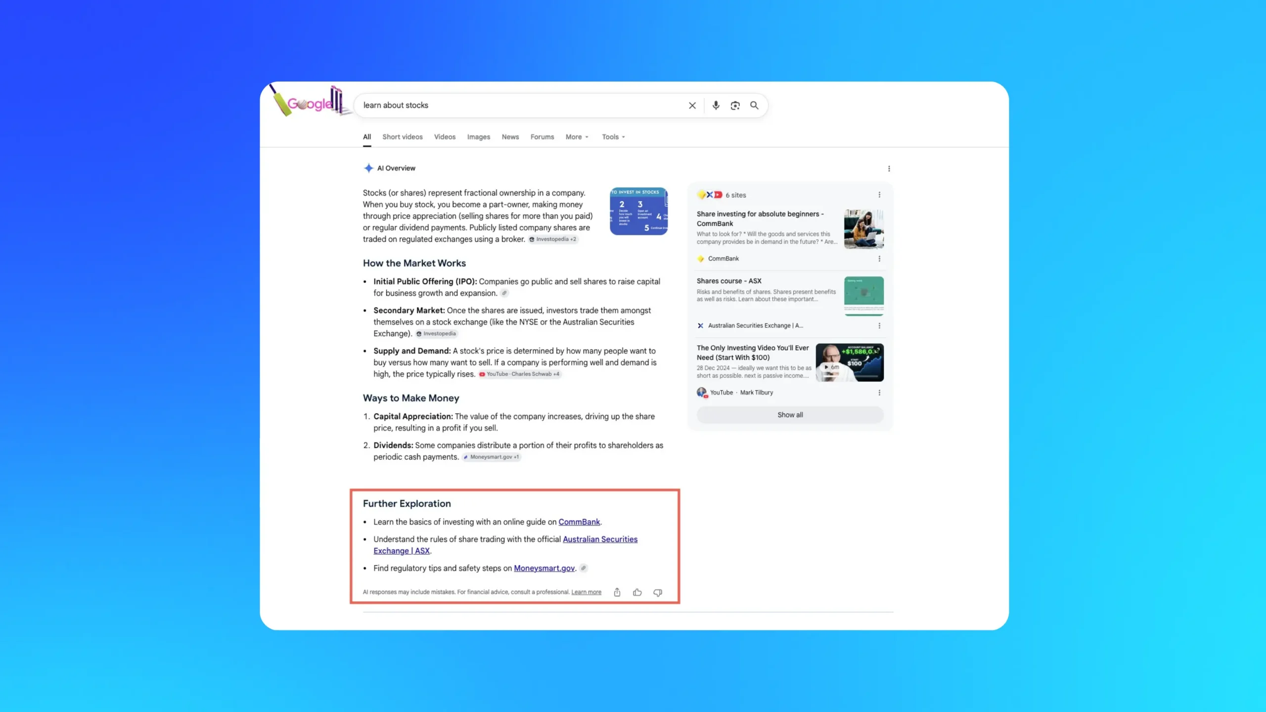 Google AI Overview for a stocks search showing the new Further Exploration links section in Search results