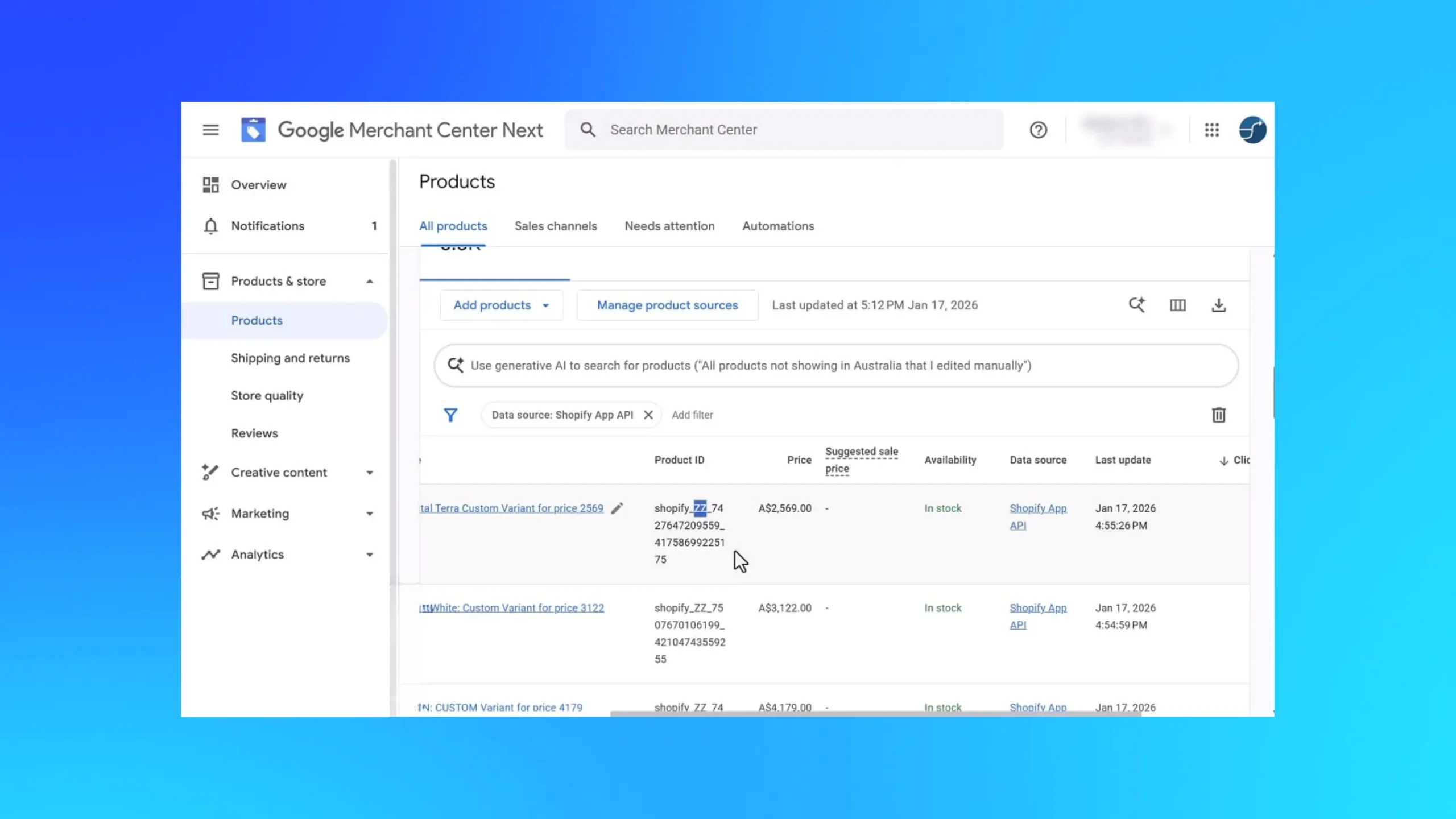 Google Merchant Center Next Products screen with a Shopify App API feed ahead of the 18 August sync change