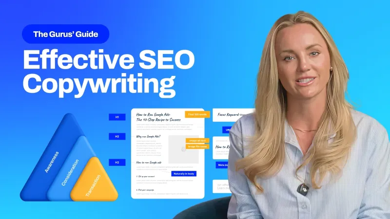 Gurus' Guide thumbnail titled "Effective SEO Copywriting" featuring an OMG presenter alongside a marketing funnel graphic labelled Awareness, Consideration and Transaction, plus an SEO on-page checklist mockup covering H1, H2, focus keyword, meta description and alt text.
