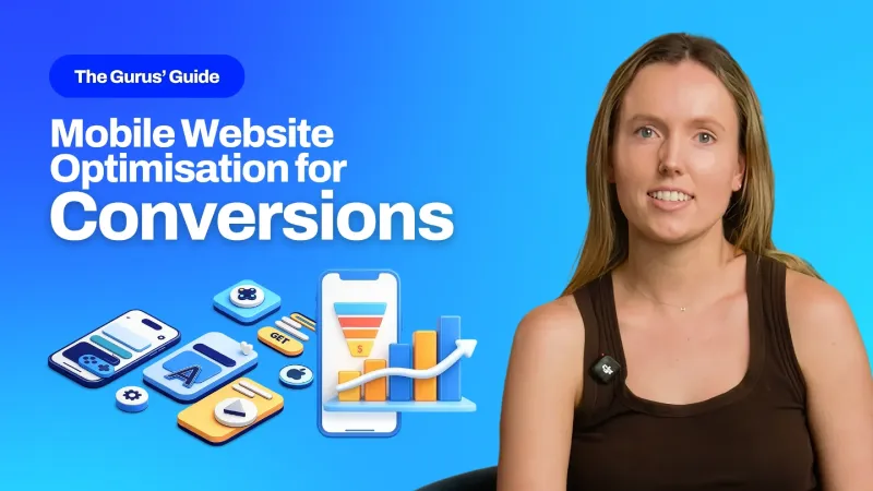 Gurus' Guide thumbnail titled "Mobile Website Optimisation for Conversions" featuring an OMG presenter alongside a smartphone illustration showing a conversion funnel, growth bar chart, and app icons.