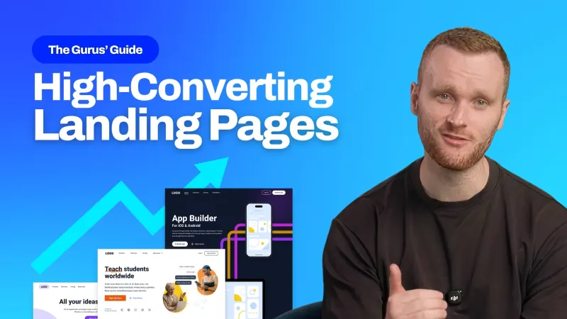 Gurus' Guide thumbnail titled "High-Converting Landing Pages" featuring an OMG presenter giving a thumbs up alongside three landing page mockups and an upward growth arrow.