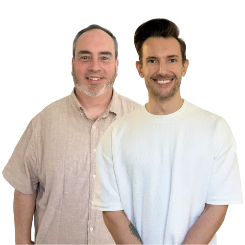 Dr Rich Lan, CTO, and Jim from the IT team at Online Marketing Gurus, smiling together against a white background.