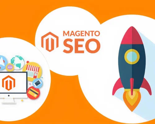 Magento SEO illustration with the Magento logo, a rocket, and icons representing ecommerce growth.