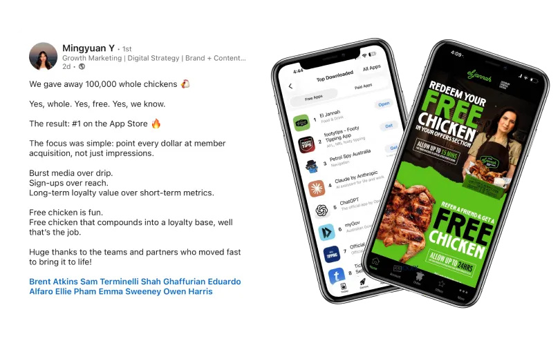 El Jannah app ranked #1 free app on the Australian App Store next to the free chicken redemption offer in-app