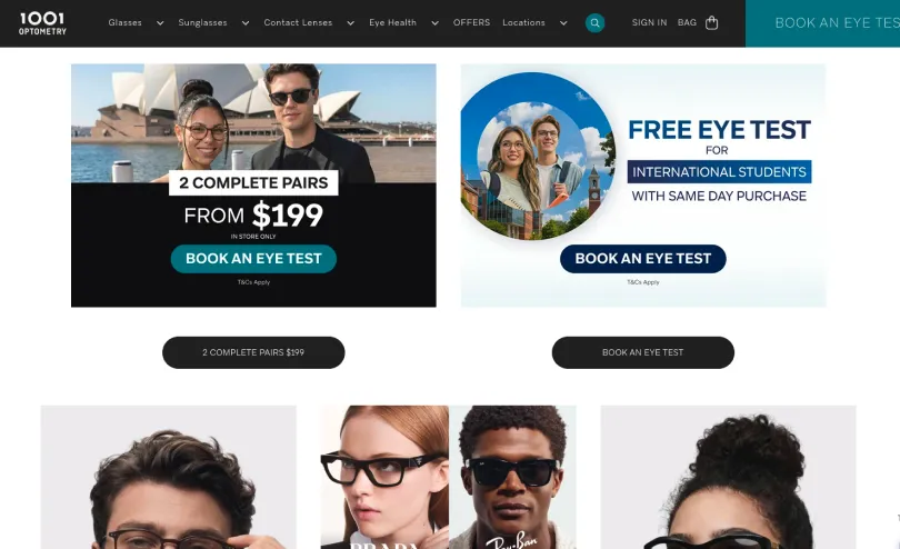 1001 Optometry homepage promoting 2 complete pairs from $199 and free eye tests for international students